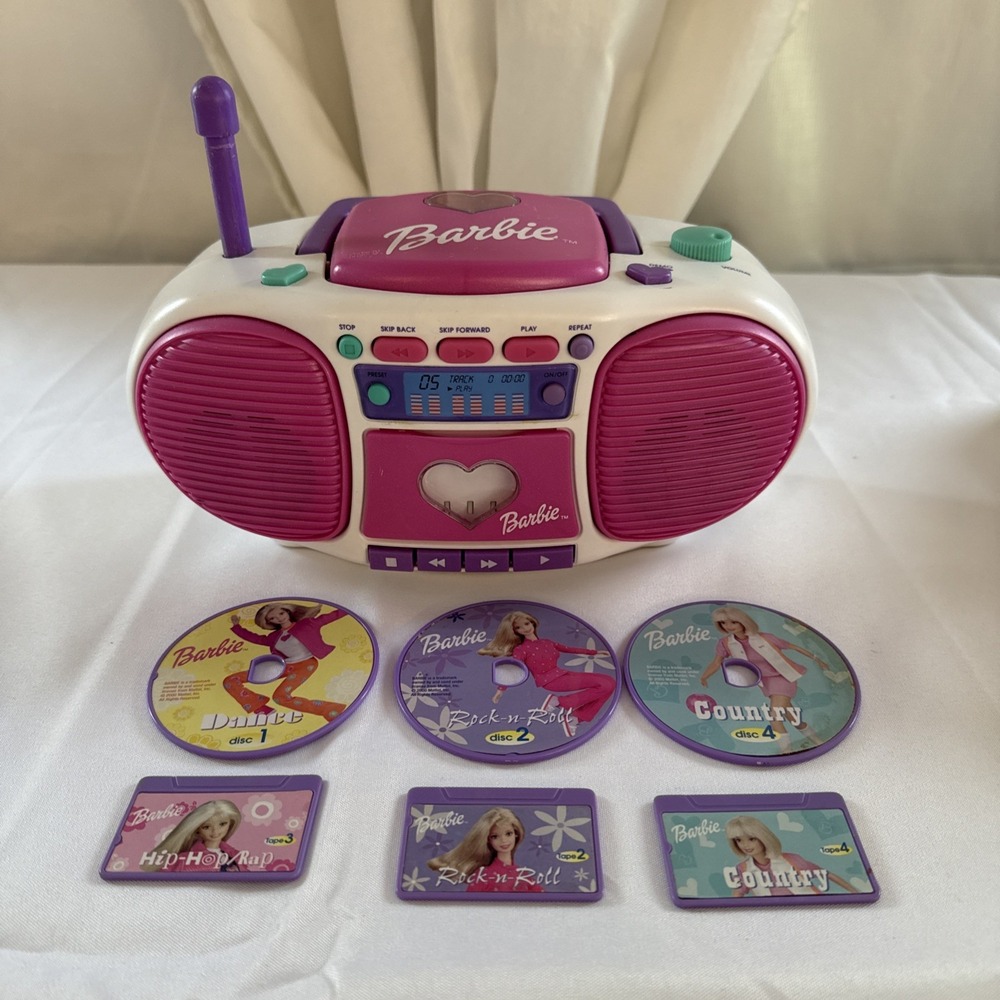 Vintage Barbie Dance With Me Talking Boombox with 3 CDs and 3 cassettes working